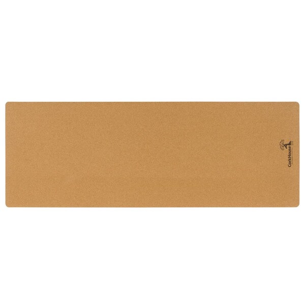 A cork yoga mat with a natural cork top and a corkhouse logo at the bottom of the mat.
